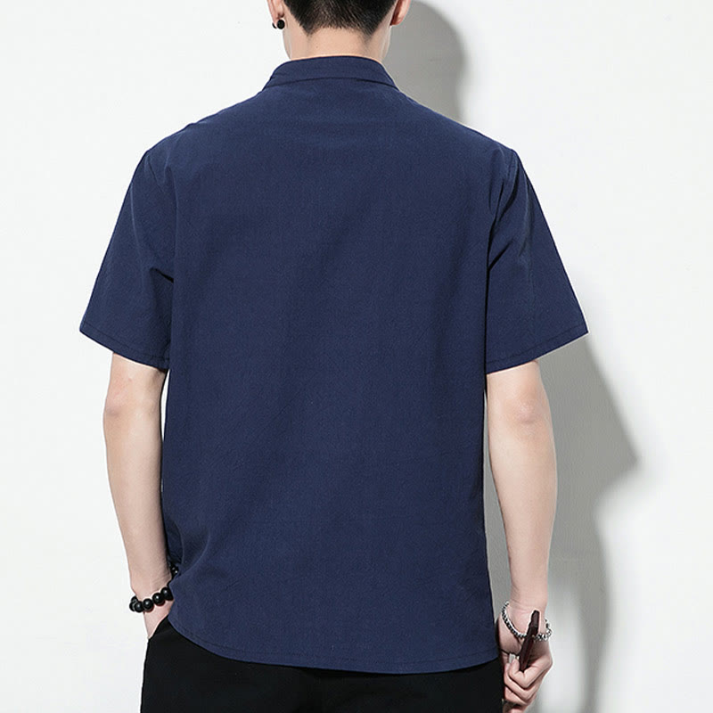 Buddha Stones Casual Jednokolorowe Przód Żaba Guziki Chiński Tang Suit Krótki Rękaw Lniana Męska Koszula - image 4
