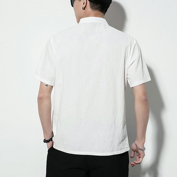 Buddha Stones Casual Jednokolorowe Przód Żaba Guziki Chiński Tang Suit Krótki Rękaw Lniana Męska Koszula - image 13