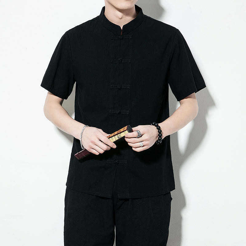 Buddha Stones Casual Jednokolorowe Przód Żaba Guziki Chiński Tang Suit Krótki Rękaw Lniana Męska Koszula - image 18