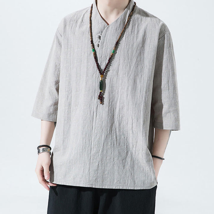 Koszula męska Buddha Stones Casual Solid Color Dwa guziki Dekolt w serek Rękaw trzy czwarte Bawełna Len