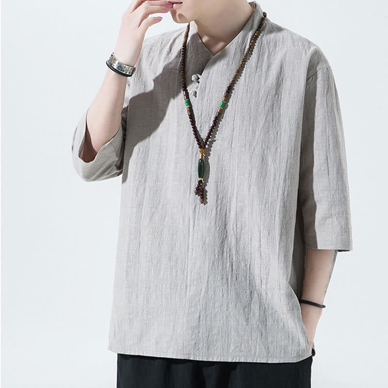 Koszula męska Buddha Stones Casual Solid Color Dwa guziki Dekolt w serek Rękaw trzy czwarte Bawełna Len