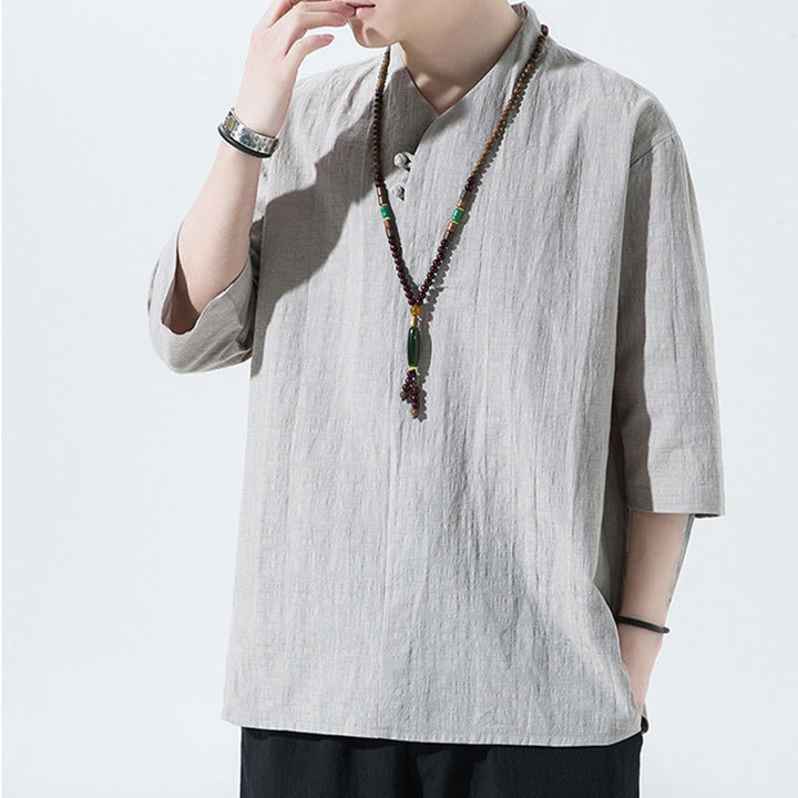 Koszula męska Buddha Stones Casual Solid Color Dwa guziki Dekolt w serek Rękaw trzy czwarte Bawełna Len