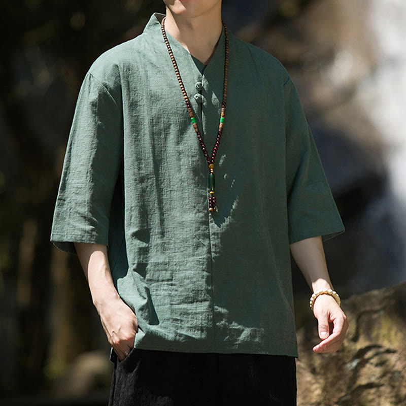 Koszula męska Buddha Stones Casual Solid Color Dwa guziki Dekolt w serek Rękaw trzy czwarte Bawełna Len