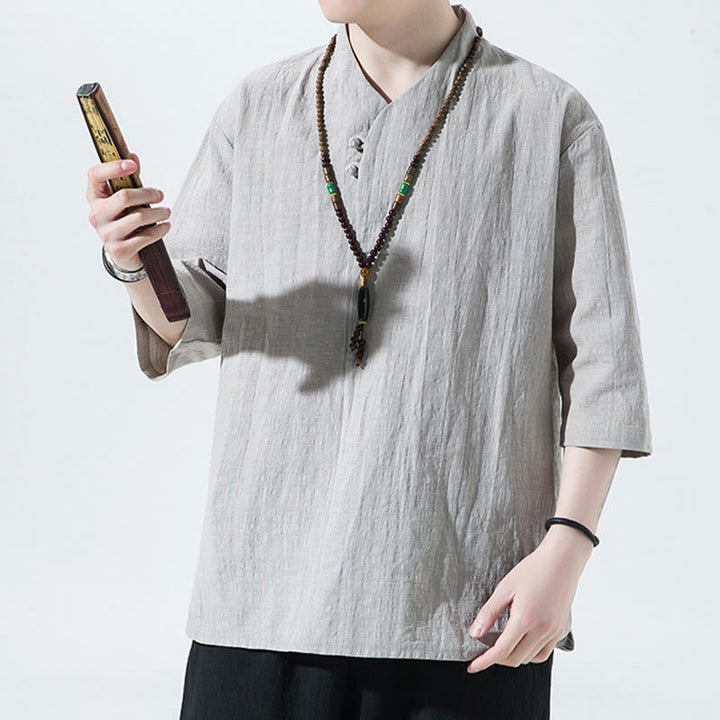 Koszula męska Buddha Stones Casual Solid Color Dwa guziki Dekolt w serek Rękaw trzy czwarte Bawełna Len