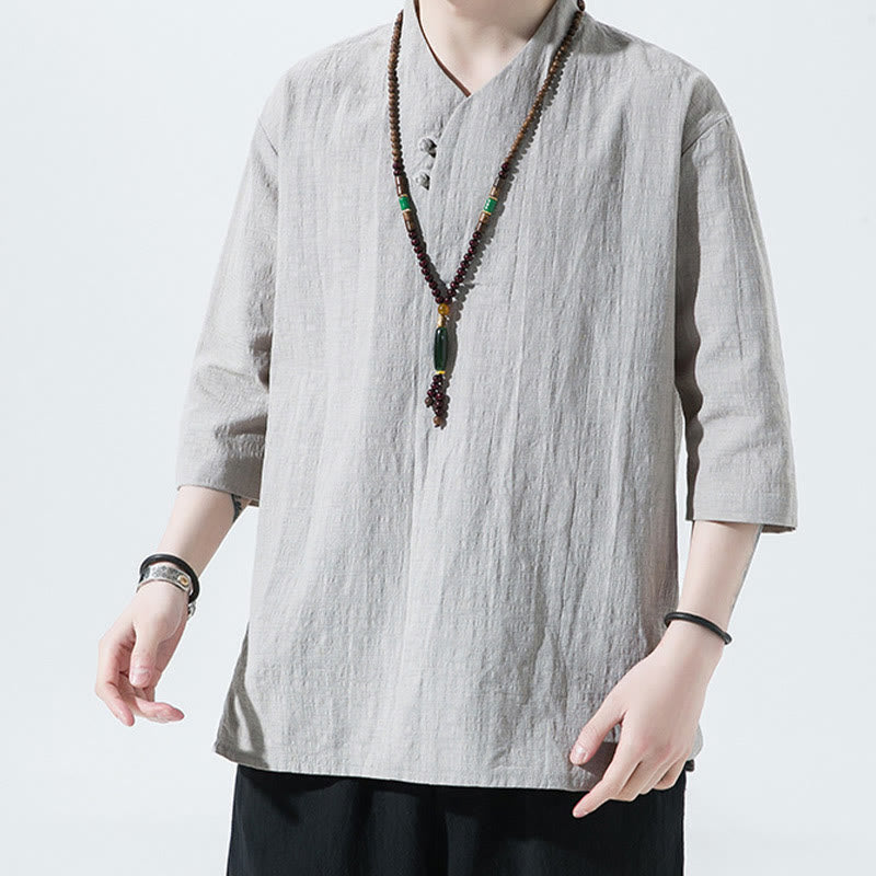 Koszula męska Buddha Stones Casual Solid Color Dwa guziki Dekolt w serek Rękaw trzy czwarte Bawełna Len