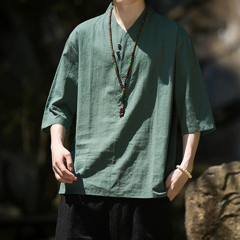 Koszula męska Buddha Stones Casual Solid Color Dwa guziki Dekolt w serek Rękaw trzy czwarte Bawełna Len