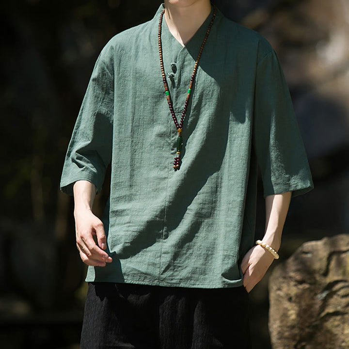 Koszula męska Buddha Stones Casual Solid Color Dwa guziki Dekolt w serek Rękaw trzy czwarte Bawełna Len