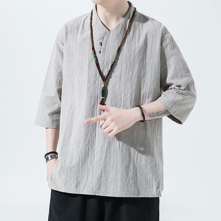 Koszula męska Buddha Stones Casual Solid Color Dwa guziki Dekolt w serek Rękaw trzy czwarte Bawełna Len