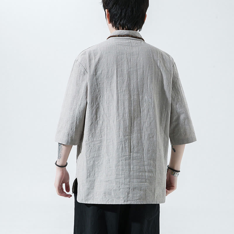 Koszula męska Buddha Stones Casual Solid Color Dwa guziki Dekolt w serek Rękaw trzy czwarte Bawełna Len - image 4