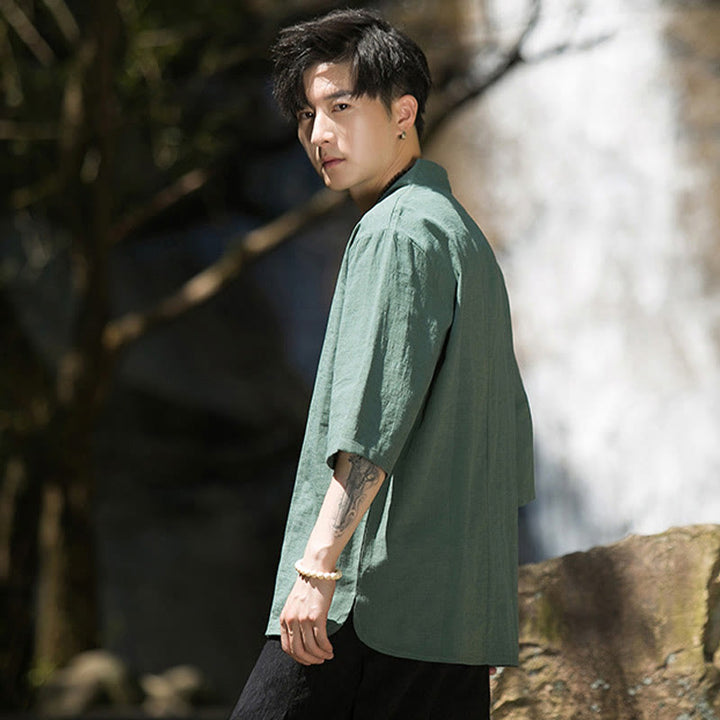 Koszula męska Buddha Stones Casual Solid Color Dwa guziki Dekolt w serek Rękaw trzy czwarte Bawełna Len - image 18