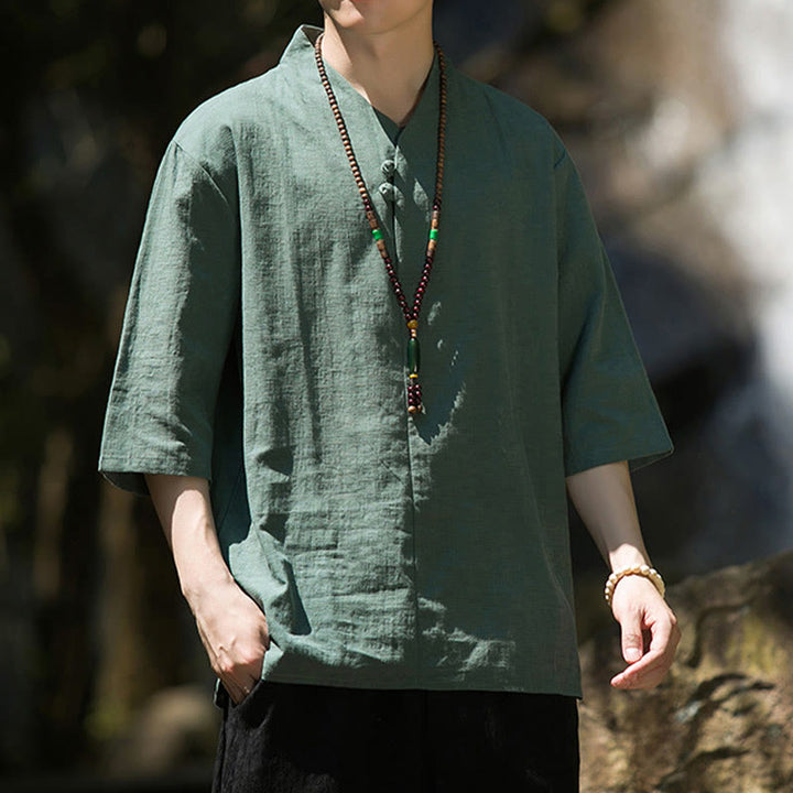 Koszula męska Buddha Stones Casual Solid Color Dwa guziki Dekolt w serek Rękaw trzy czwarte Bawełna Len - image 15