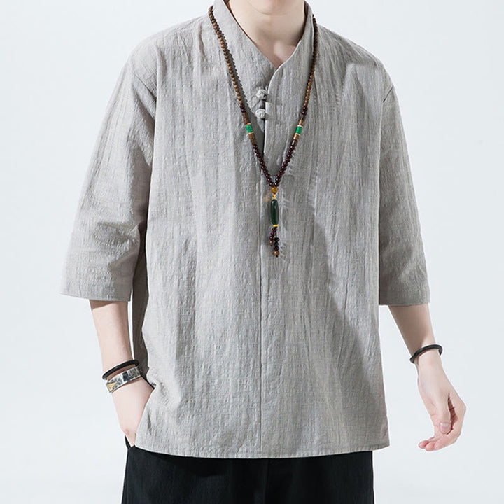 Koszula męska Buddha Stones Casual Solid Color Dwa guziki Dekolt w serek Rękaw trzy czwarte Bawełna Len