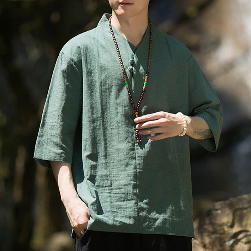 Koszula męska Buddha Stones Casual Solid Color Dwa guziki Dekolt w serek Rękaw trzy czwarte Bawełna Len