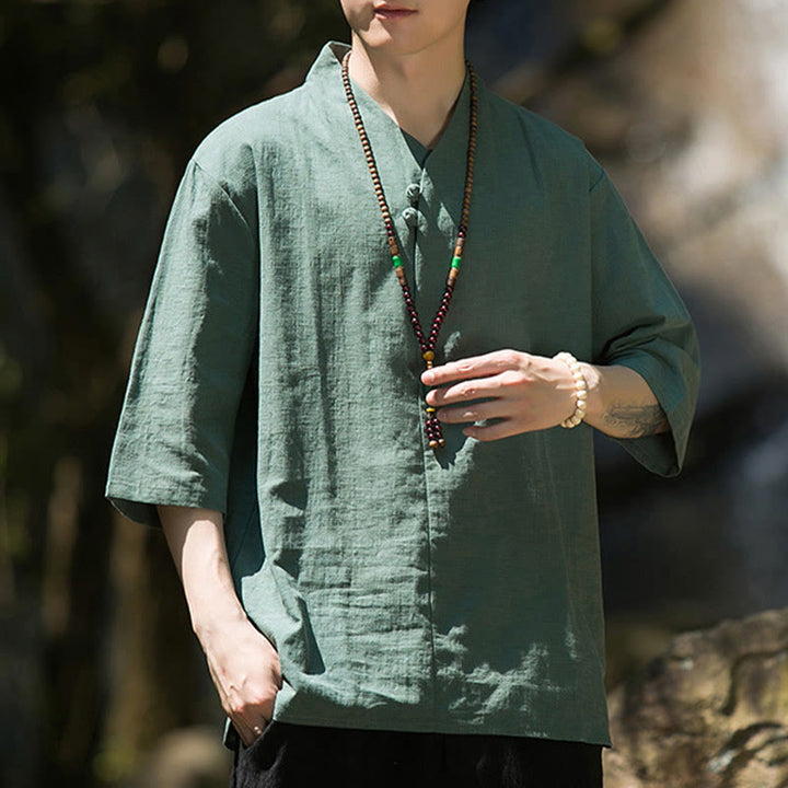 Koszula męska Buddha Stones Casual Solid Color Dwa guziki Dekolt w serek Rękaw trzy czwarte Bawełna Len