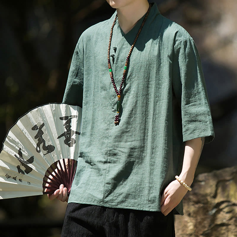 Koszula męska Buddha Stones Casual Solid Color Dwa guziki Dekolt w serek Rękaw trzy czwarte Bawełna Len