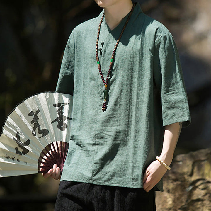 Koszula męska Buddha Stones Casual Solid Color Dwa guziki Dekolt w serek Rękaw trzy czwarte Bawełna Len