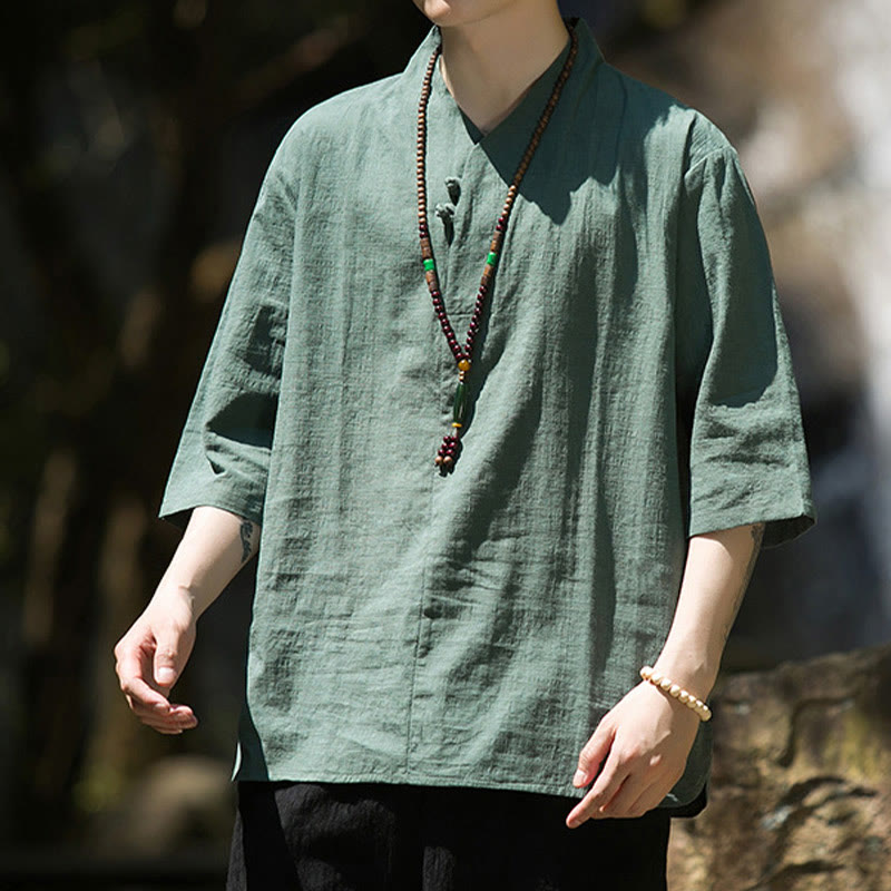 Koszula męska Buddha Stones Casual Solid Color Dwa guziki Dekolt w serek Rękaw trzy czwarte Bawełna Len