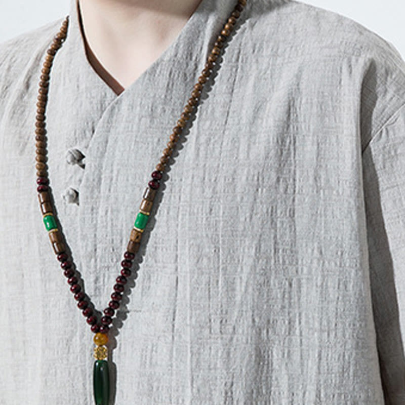 Koszula męska Buddha Stones Casual Solid Color Dwa guziki Dekolt w serek Rękaw trzy czwarte Bawełna Len