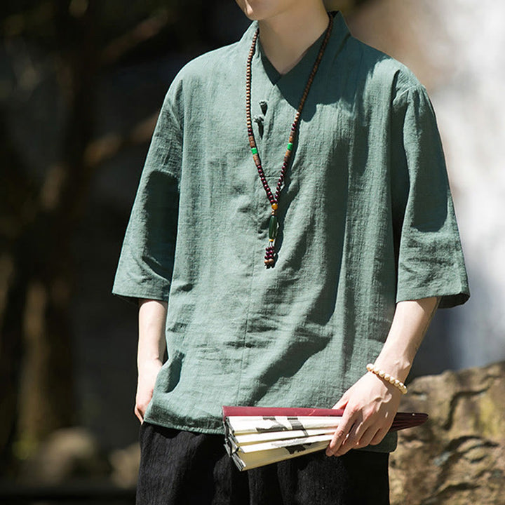 Koszula męska Buddha Stones Casual Solid Color Dwa guziki Dekolt w serek Rękaw trzy czwarte Bawełna Len