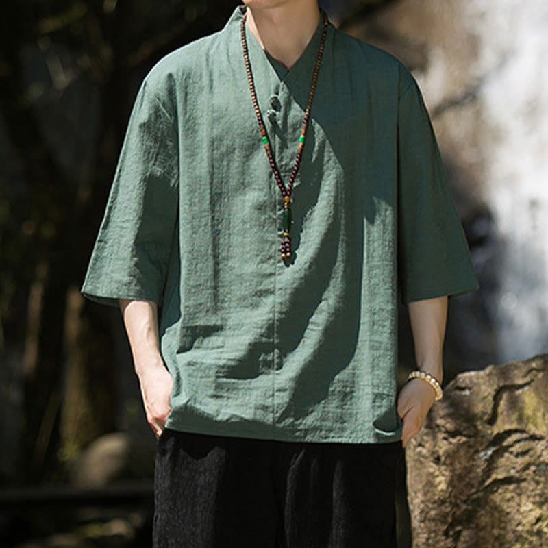 Koszula męska Buddha Stones Casual Solid Color Dwa guziki Dekolt w serek Rękaw trzy czwarte Bawełna Len