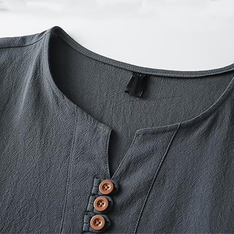 Koszula męska z krótkim rękawem, bawełniano-lniana, z dekoltem w serek i trzema guzikami w kolorze Buddha Stones - image 5