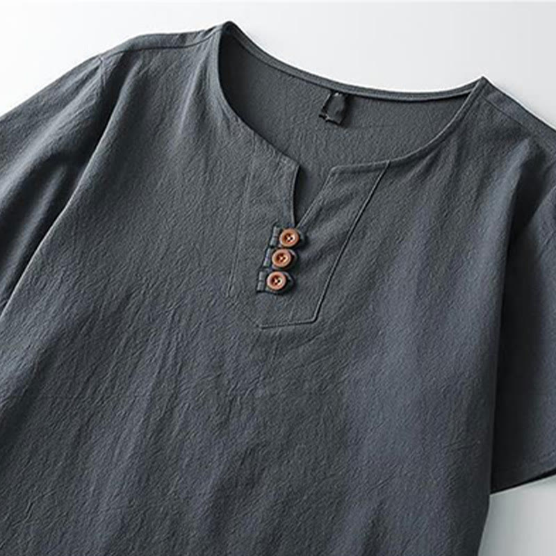 Koszula męska z krótkim rękawem, bawełniano-lniana, z dekoltem w serek i trzema guzikami w kolorze Buddha Stones - image 4