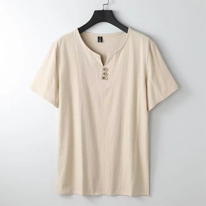 Koszula męska z krótkim rękawem, bawełniano-lniana, z dekoltem w serek i trzema guzikami w kolorze Buddha Stones - Pszenica - US/UK/AU44，EU54 (5XL) - image 1