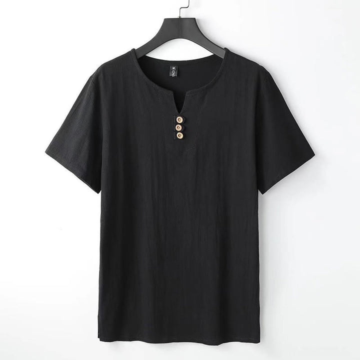 Koszula męska z krótkim rękawem, bawełniano-lniana, z dekoltem w serek i trzema guzikami w kolorze Buddha Stones - Czarny - US/UK/AU44，EU54 (5XL) - image 8