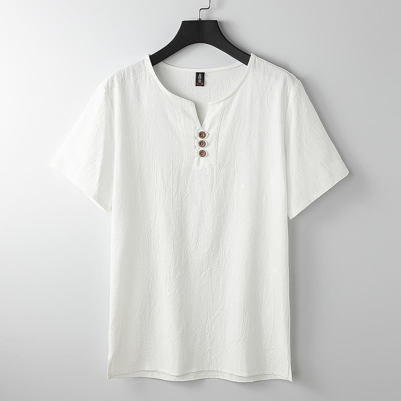 Koszula męska z krótkim rękawem, bawełniano-lniana, z dekoltem w serek i trzema guzikami w kolorze Buddha Stones - Biały - US/UK/AU44，EU54 (5XL) - image 2