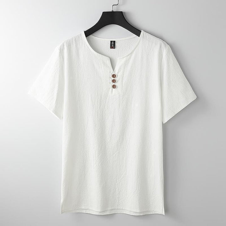 Koszula męska z krótkim rękawem, bawełniano-lniana, z dekoltem w serek i trzema guzikami w kolorze Buddha Stones - Biały - US/UK/AU44，EU54 (5XL) - image 2