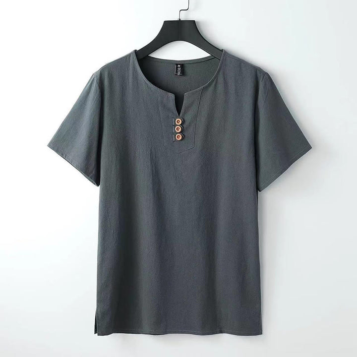 Koszula męska z krótkim rękawem, bawełniano-lniana, z dekoltem w serek i trzema guzikami w kolorze Buddha Stones - Szary - US/UK/AU44，EU54 (5XL) - image 3