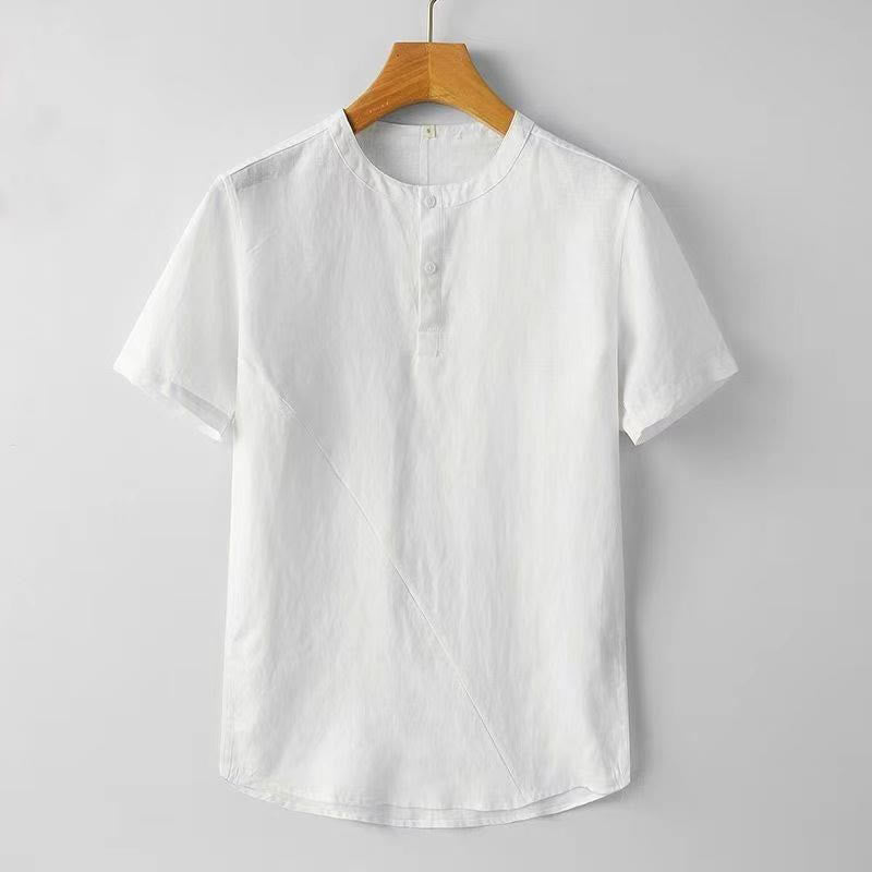 Koszula męska z krótkim rękawem i dwoma guzikami, w jednolitym kolorze, z poliestru i lnu, z motywem kamieni Buddha Stones - Biały - US/UK/AU44， EU54 (4XL) - image 2