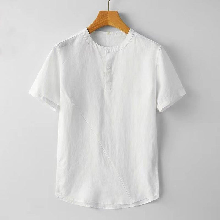 Koszula męska z krótkim rękawem i dwoma guzikami, w jednolitym kolorze, z poliestru i lnu, z motywem kamieni Buddha Stones - Biały - US/UK/AU44， EU54 (4XL) - image 2