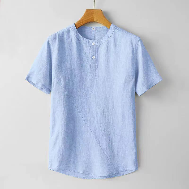 Koszula męska z krótkim rękawem i dwoma guzikami z bawełny i lnu w jednolitym kolorze z motywem Buddha Stones - LightSkyBlue - US/UK/AU44， EU54 (4XL) - image 7