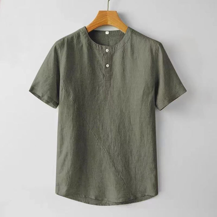 Koszula męska z krótkim rękawem i dwoma guzikami z bawełny i lnu w jednolitym kolorze z motywem Buddha Stones - Oliwka - US/UK/AU44， EU54 (4XL) - image 10