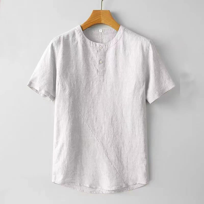 Koszula męska z krótkim rękawem i dwoma guzikami z bawełny i lnu w jednolitym kolorze z motywem Buddha Stones - Biały Dym - US/UK/AU44， EU54 (4XL) - image 3
