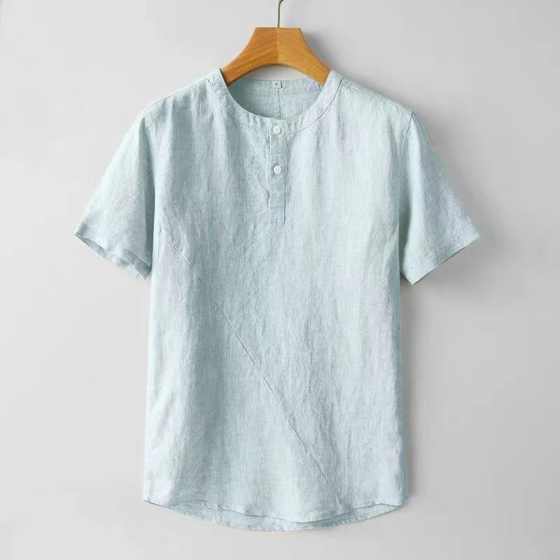Koszula męska z krótkim rękawem i dwoma guzikami z bawełny i lnu w jednolitym kolorze z motywem Buddha Stones - PowderBlue - US/UK/AU44， EU54 (4XL) - image 8
