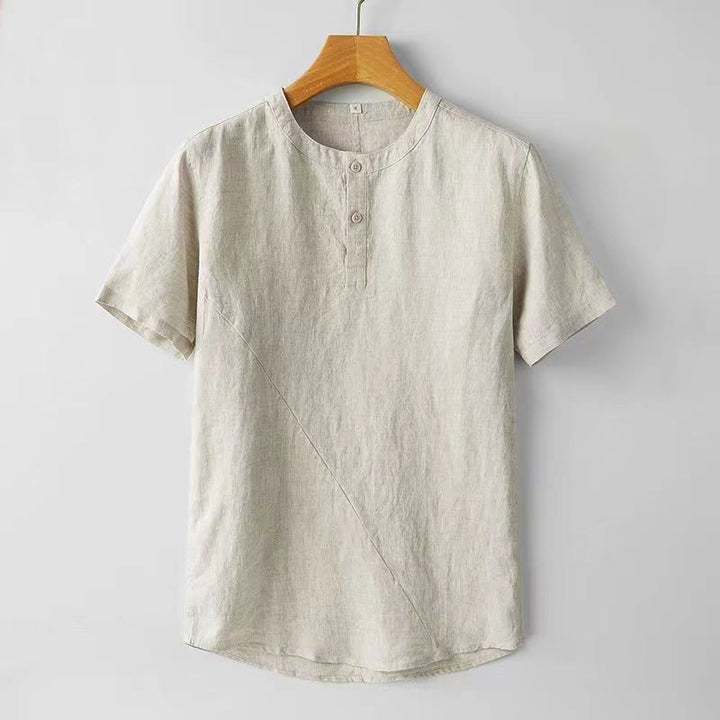 Koszula męska z krótkim rękawem i dwoma guzikami, w jednolitym kolorze, z poliestru i lnu, z motywem kamieni Buddha Stones - Beżowy - US/UK/AU44， EU54 (4XL) - image 6