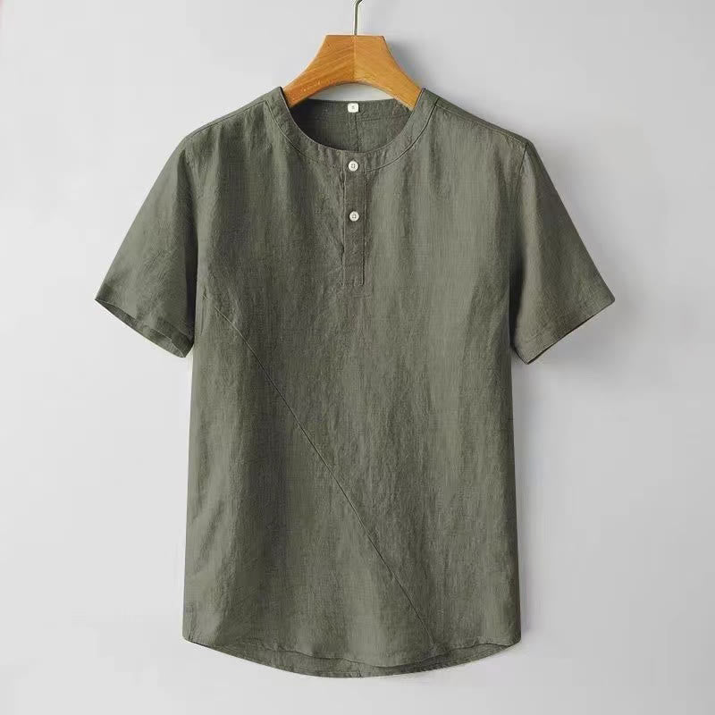 Koszula męska z krótkim rękawem i dwoma guzikami, w jednolitym kolorze, z poliestru i lnu, z motywem kamieni Buddha Stones - Oliwka - US/UK/AU44， EU54 (4XL) - image 10