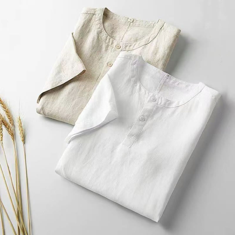 Koszula męska z krótkim rękawem i dwoma guzikami z bawełny i lnu w jednolitym kolorze z motywem Buddha Stones - image 1