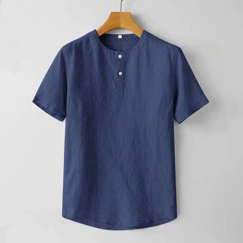 Koszula męska z krótkim rękawem i dwoma guzikami z bawełny i lnu w jednolitym kolorze z motywem Buddha Stones - Ciemnoniebieski - US/UK/AU44， EU54 (4XL) - image 0