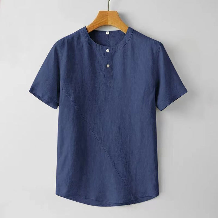Koszula męska z krótkim rękawem i dwoma guzikami z bawełny i lnu w jednolitym kolorze z motywem Buddha Stones - Ciemnoniebieski - US/UK/AU44， EU54 (4XL) - image 0