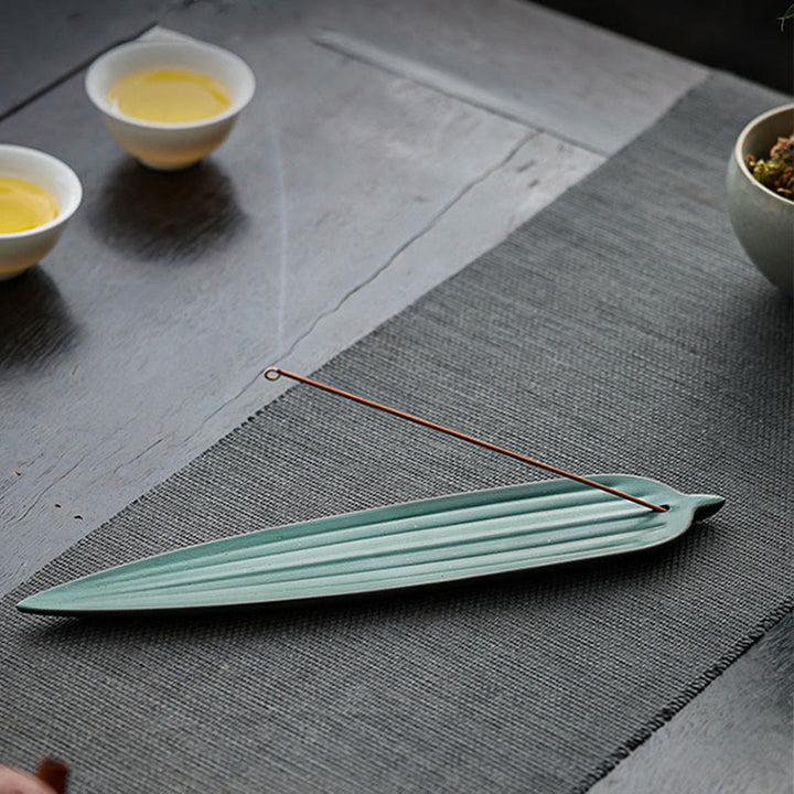 Buddha Stones Zielone Liście Bambusa Uzdrawiająca Ceramiczna Kadzielnica Dekoracja - image 1