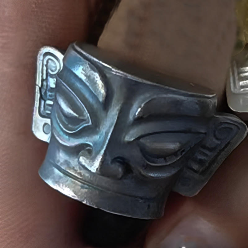 Buddha Stones 999 Srebro Sterlingowe Odlew Ręczny Pierścień Ochronny Maski Sanxingdui