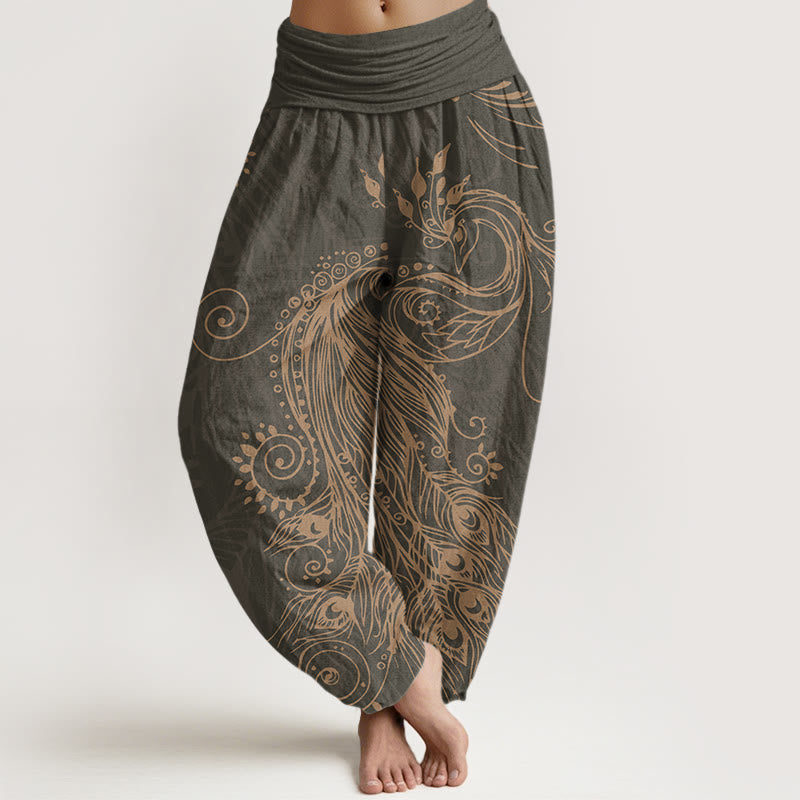Spodnie haremowe damskie z elastycznym pasem i wzorem pawia w Buddha Stones - DimGray - US22, UK/AU26, EU54 (6XL) - image 1