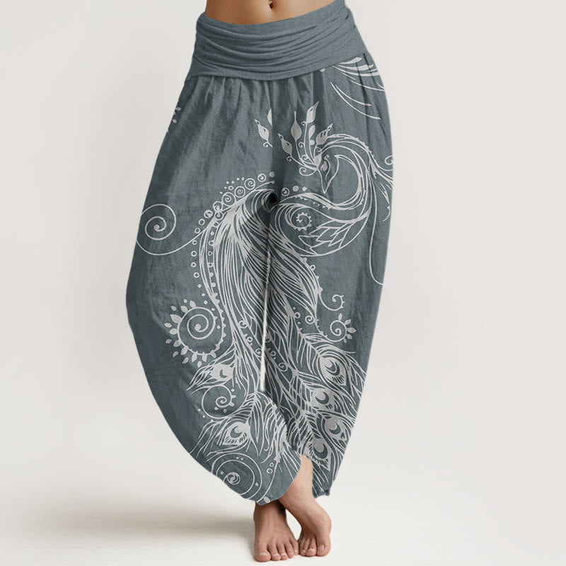 Spodnie haremowe damskie z elastycznym pasem i wzorem pawia w Buddha Stones - Łupkowoszary - US22, UK/AU26, EU54 (6XL) - image 5