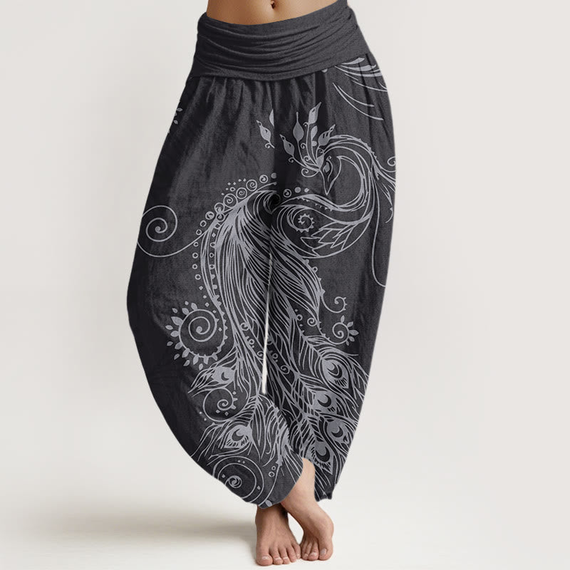 Spodnie haremowe damskie z elastycznym pasem i wzorem pawia w Buddha Stones - Czarny - US22, UK/AU26, EU54 (6XL) - image 8
