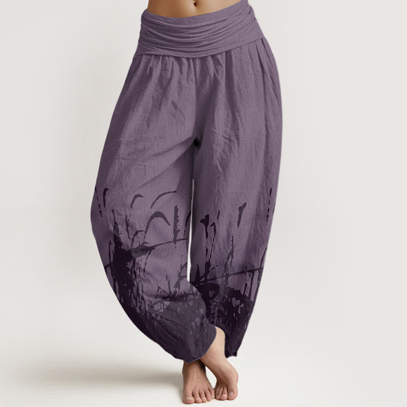Spodnie haremowe damskie z elastycznym pasem i wzorem dzikiej trawy w Buddha Stones - Fioletowy - US22, UK/AU26, EU54 (6XL) - image 8