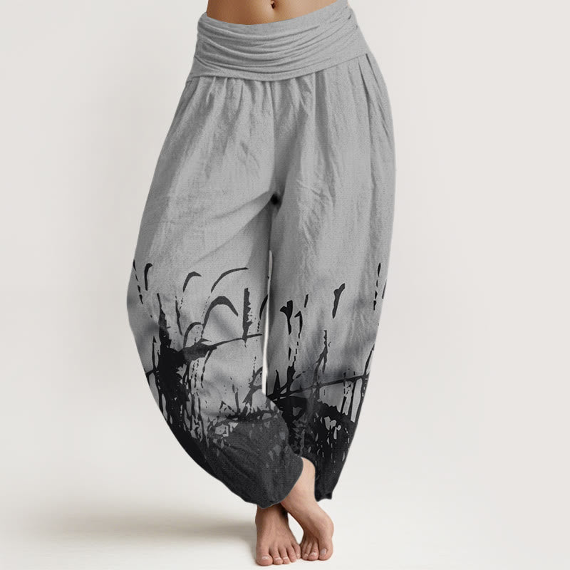 Spodnie haremowe damskie z elastycznym pasem i wzorem dzikiej trawy w Buddha Stones - Szary - US22, UK/AU26, EU54 (6XL) - image 1