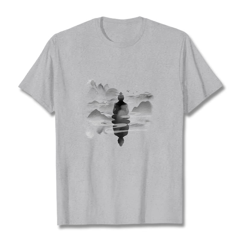 Buddha Stones Medytujący Budda Siedzący W Górach Wzór Bawełniana Koszulka T-shirt - Jasnoszary - 2XL - image 19